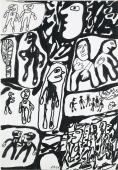 Jean Dubuffet, "Site avec 21 personnages", 1980 tinta xina sobre paper 51 x 35 cm.