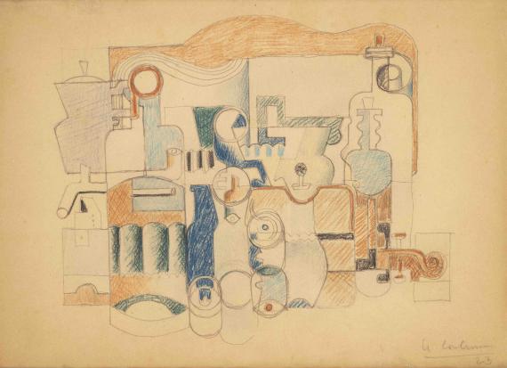 Le Corbusier, "Nature morte puriste-Étude pour le tableau 'Nature morte aux nombreux objets'", 1923 llapis de colors sobre paper 27,7 x 38,5 cm